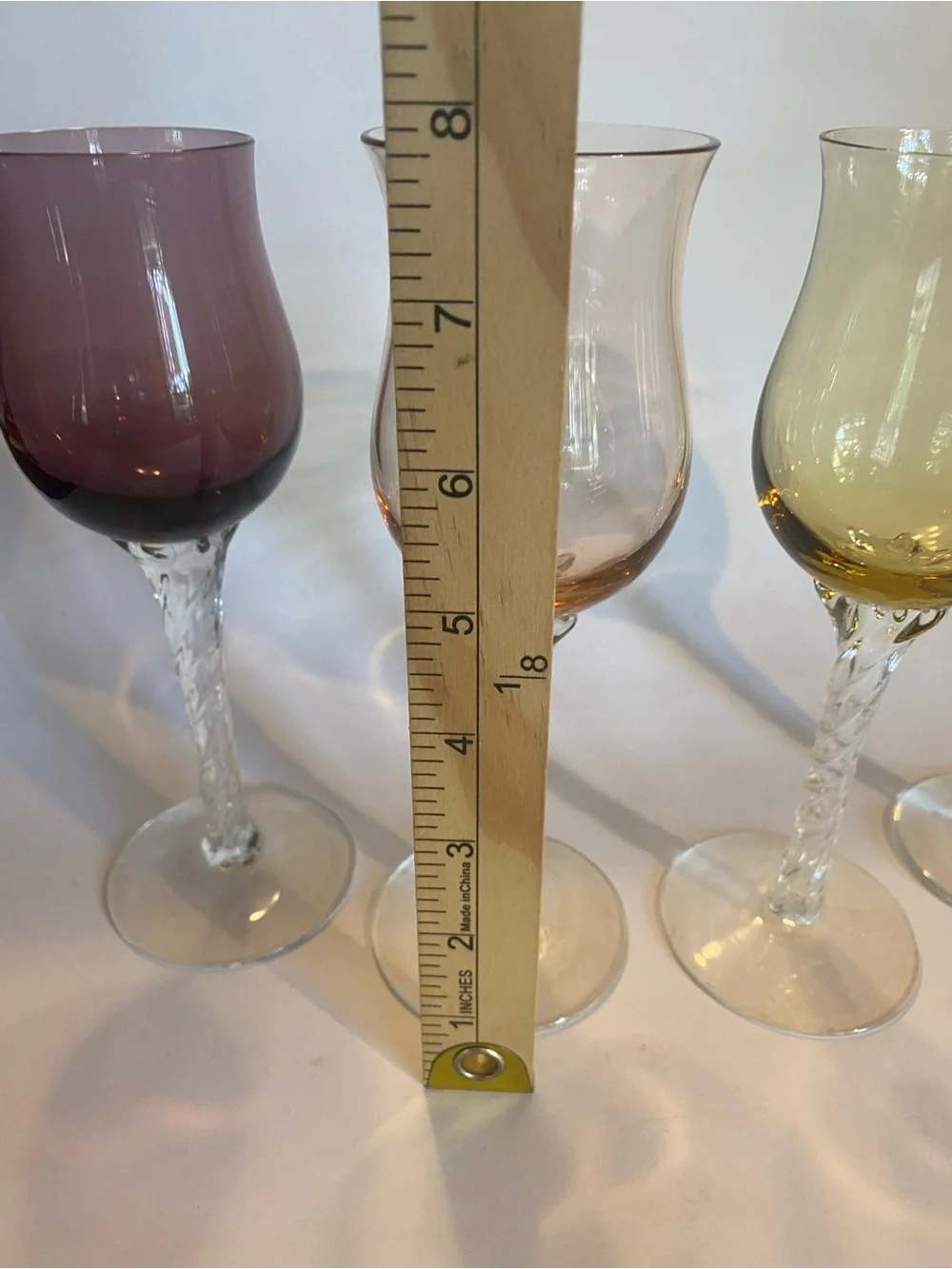 Vintage Multi-Color Harlequin Wine Glasses Applied Clear Twist Stem Set of 4 MCM